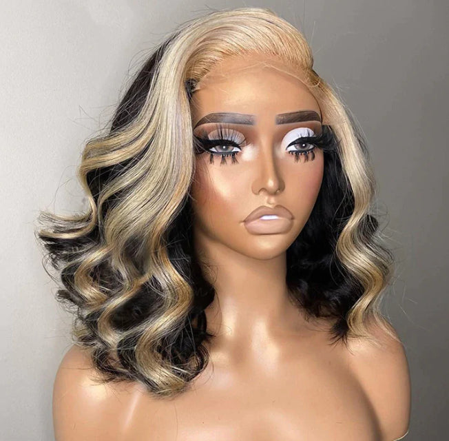 New Body Wave Honey Blonde Highlight 13x4 HD Lace Frontal Human Hair Bob Wig