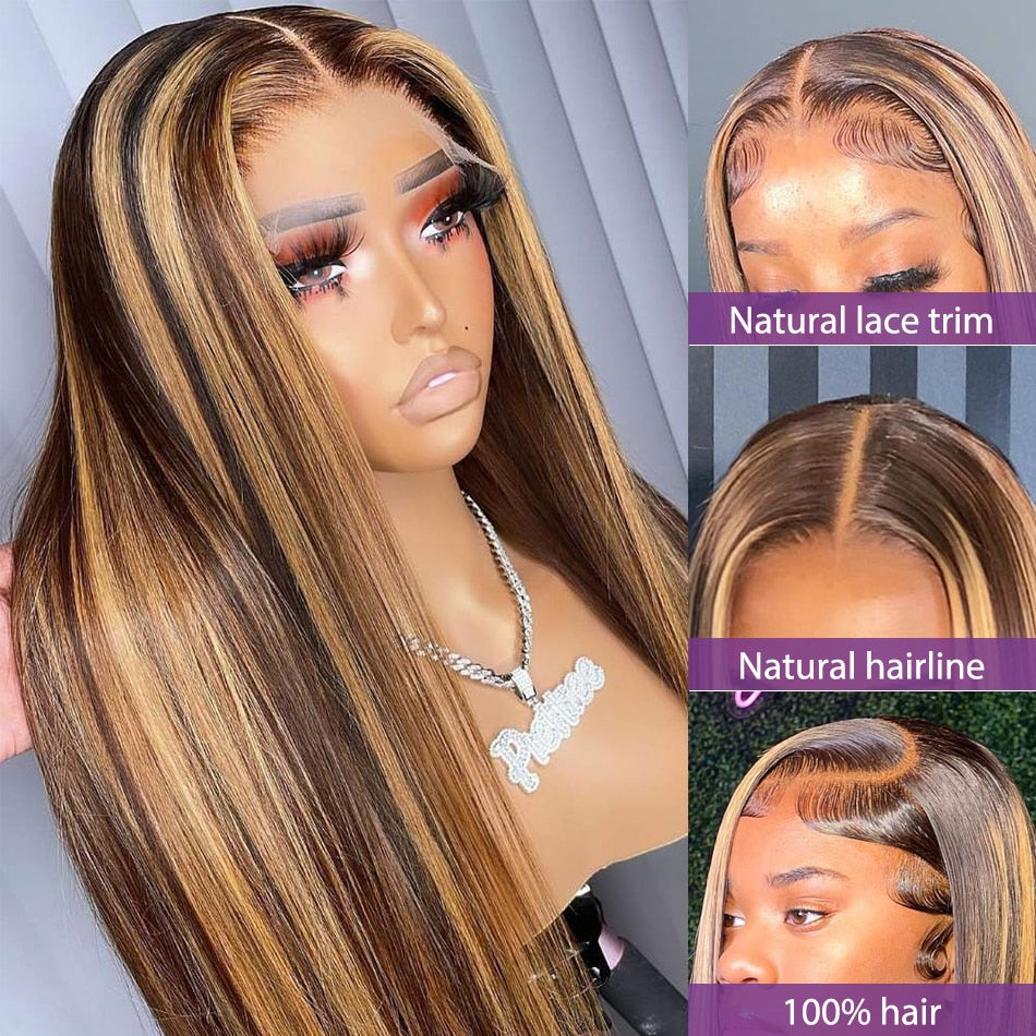 Brazilian Silky Straight Honey Blonde Highlight 13x6 Transparent Lace Front Human Hair Wigs
