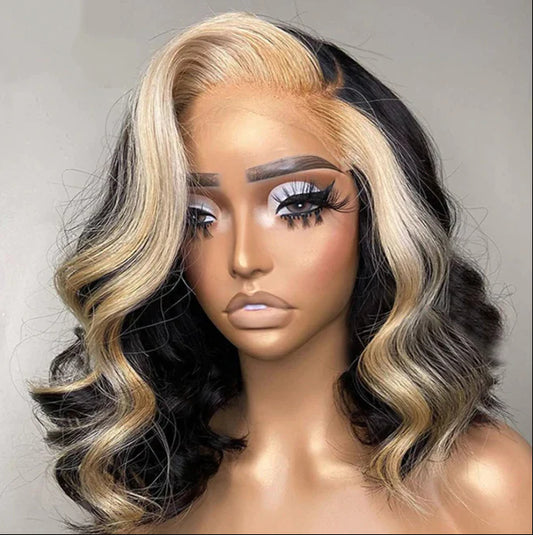 New Body Wave Honey Blonde Highlight 13x4 HD Lace Frontal Human Hair Bob Wig