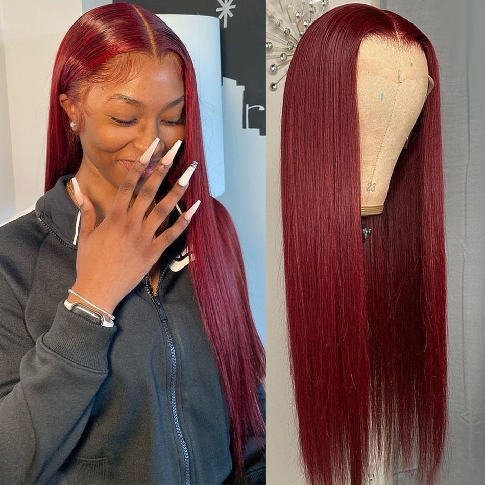 Brazilian Silky Straight Human Hair Wig, 5x5 Closure, Transparent Lace Front Wig, Color 99J