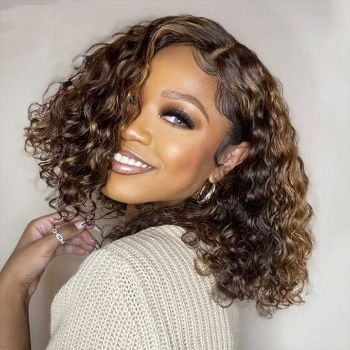 Glueless Honey Blonde Highlight Deep Wave 13x4 HD Lace Front Human Hair Bob Wig