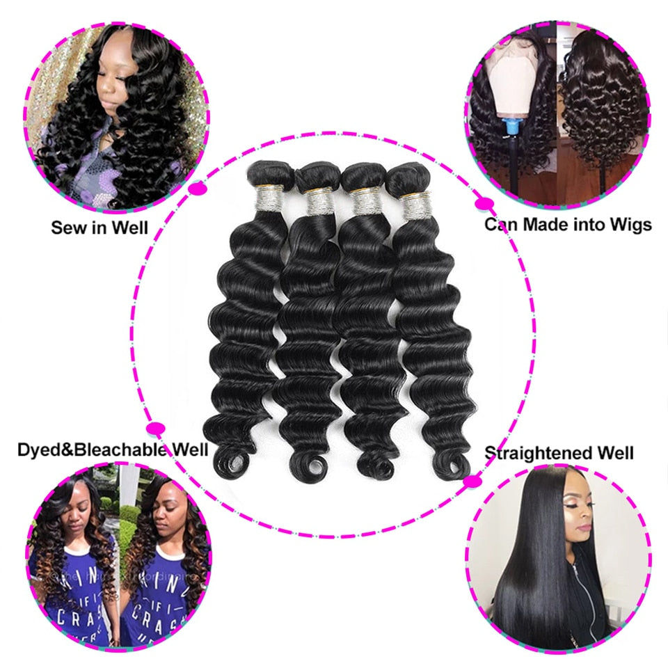 Virgin Remy Brazilian Loose Deep Wave Human Hair Bundle - Double Drawn, Grade 15A, Color - Natural 1B