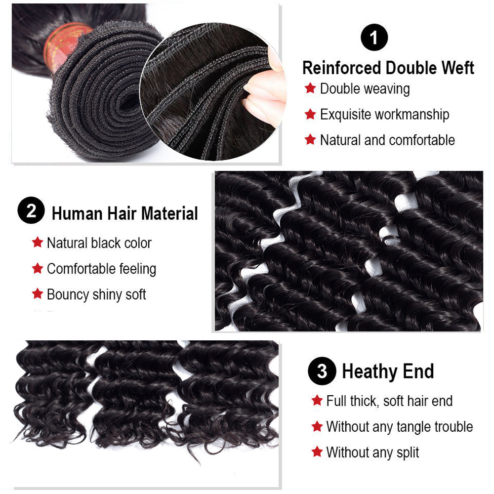 Peruvian Deep Wave Unprocessed Virgin Human Hair, Grade 12A, Color 1B Natural, 3 bundles/package