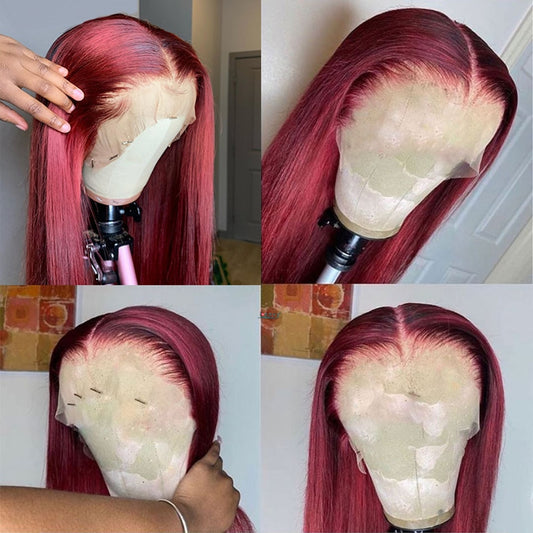 Brazilian Silky Straight Human Hair Wig, 5x5 Closure, Transparent Lace Front Wig, Color 99J