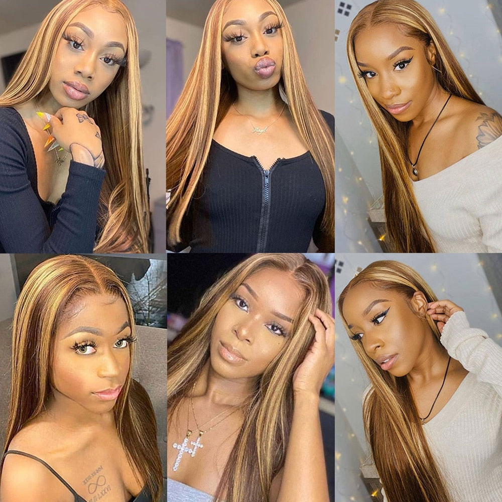 Brazilian Silky Straight Honey Blonde Highlight 13x6 Transparent Lace Front Human Hair Wigs