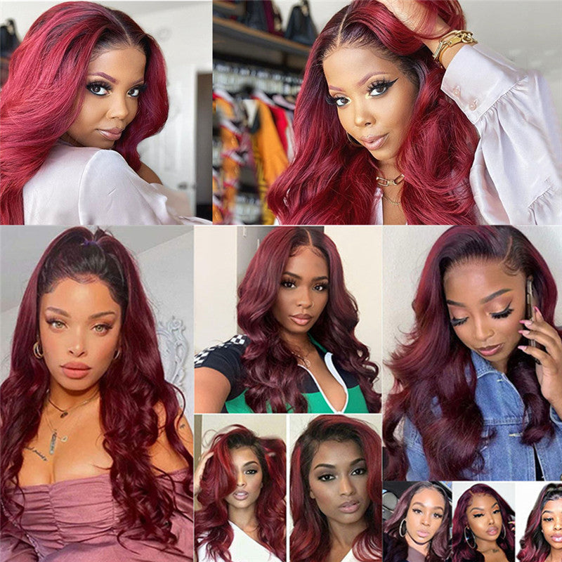 Brazilian Body Wave Human Hair Wig, 13x4 Transparent Lace Front Wig, Color 99J